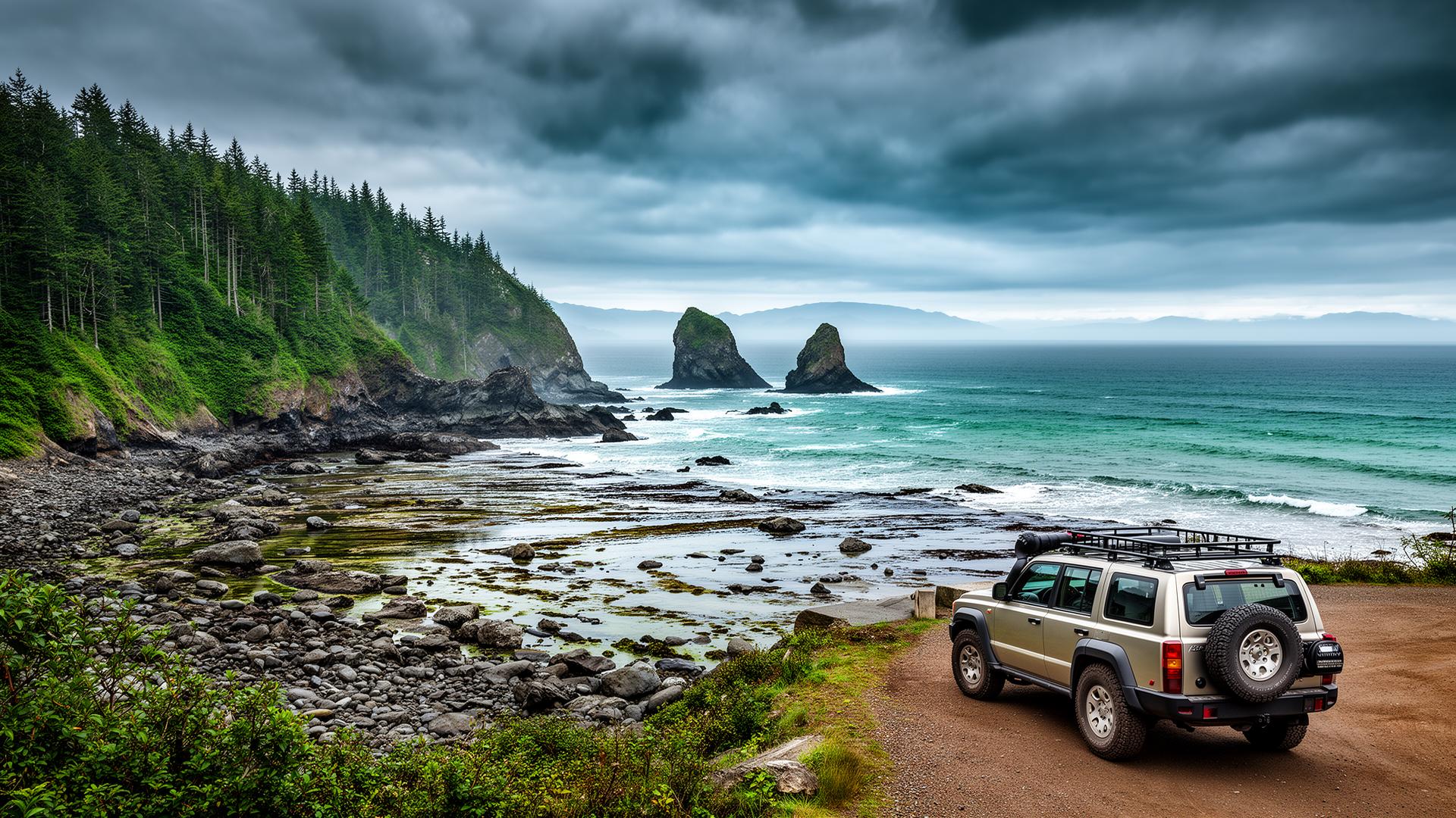 4x4 SUV parked at dramatic Pacific Northwest coastal overlook