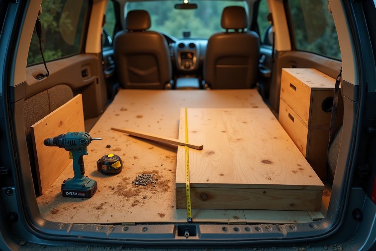 DIY sleeping platform being built inside an SUV