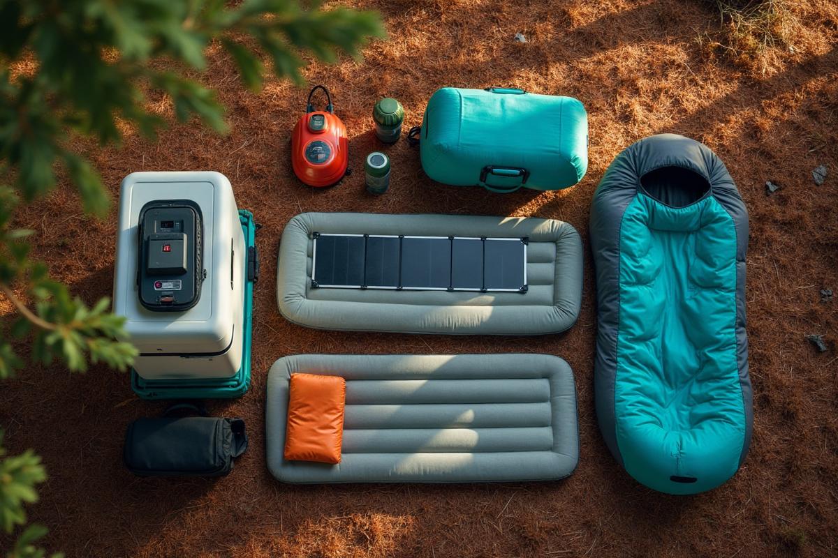 Car camping gear laid out on forest floor