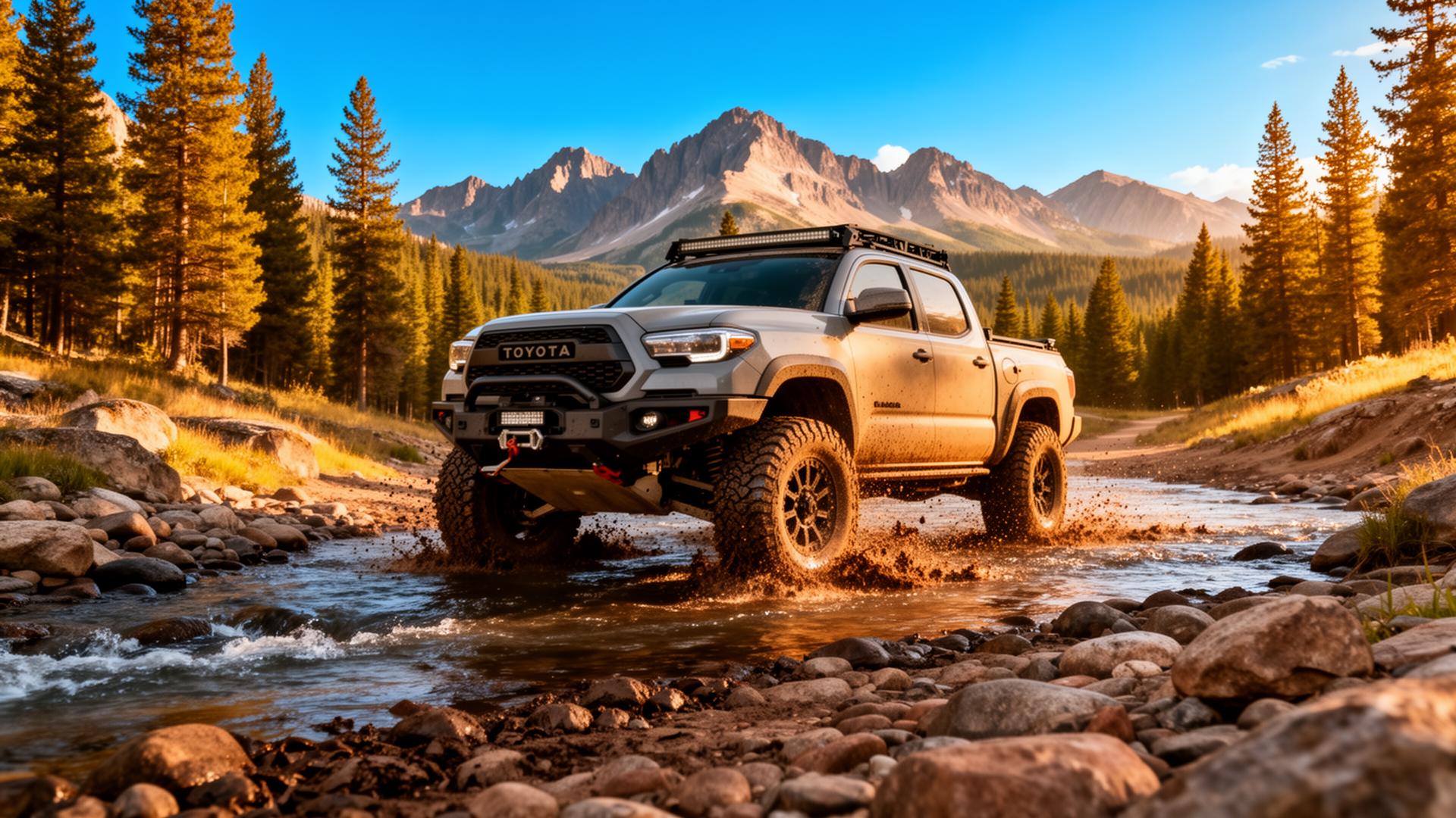 Lifted Toyota truck crossing a rocky mountain stream on overland trail