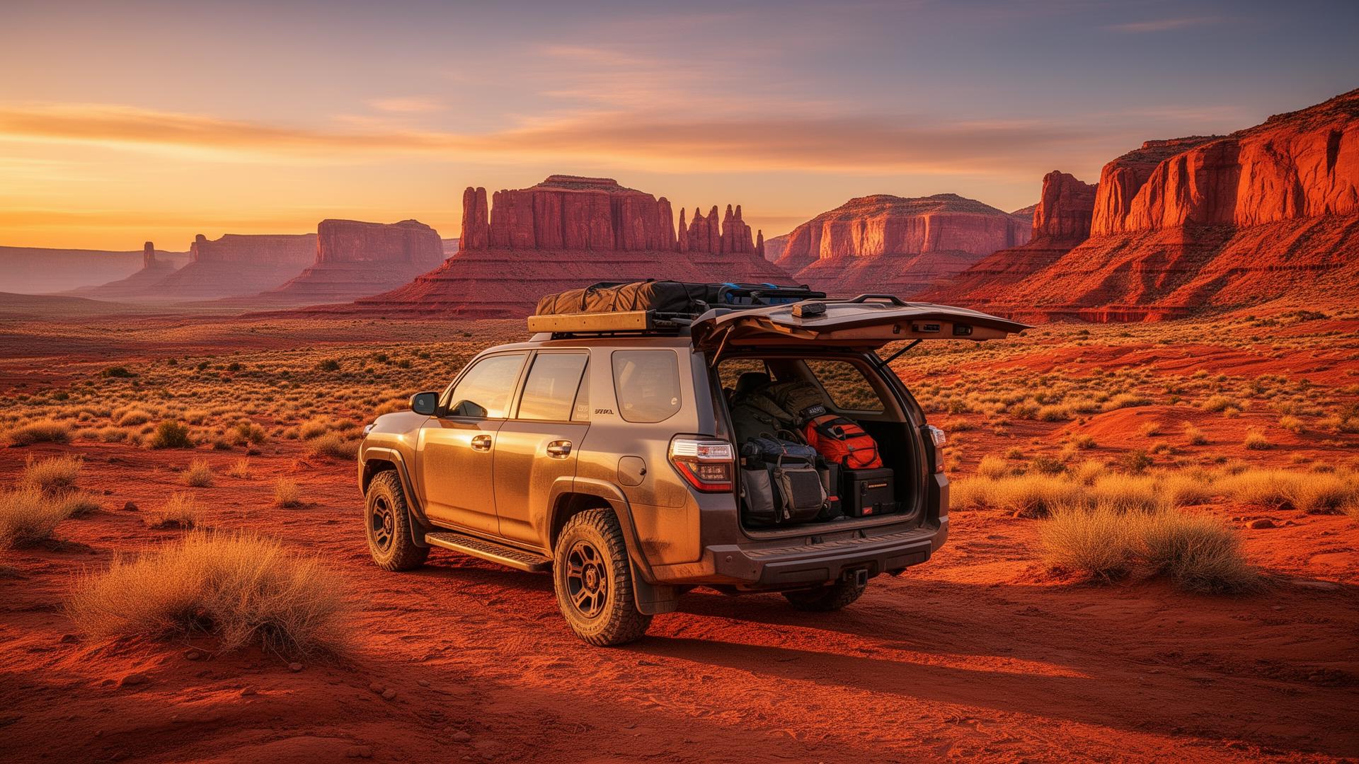 SUV car camping in desert at sunset